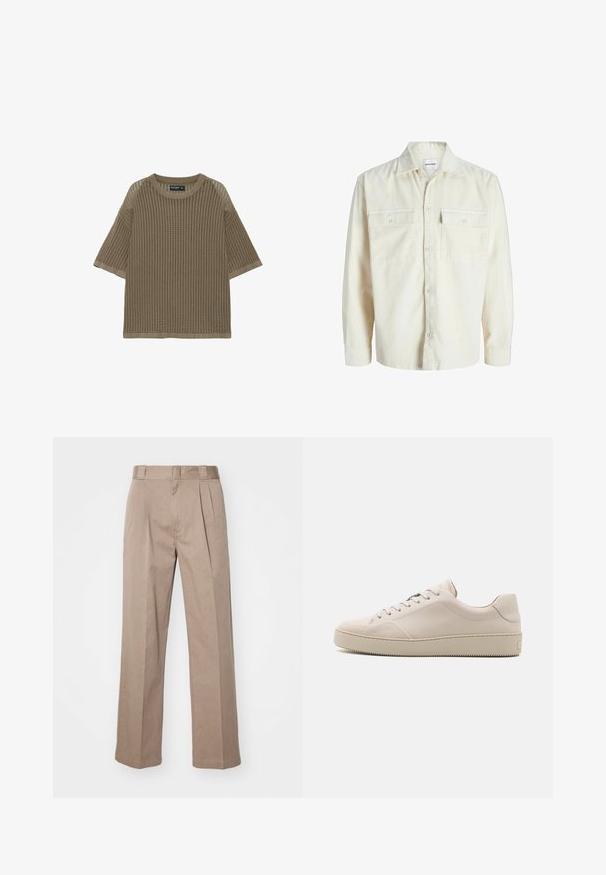 Chemise en velours côtelé écru à manches longues avec fermeture à boutons et deux poches à rabat sur la poitrine avec boutons.; Haut tricoté marron à manches courtes avec un col rond et un motif ajouré côtelé.; Pantalons beiges taille haute avec une coupe large. Comprend deux plis à l'avant et une texture lisse. Longueur standard avec une finition soignée.; Baskets en cuir beige avec une finition lisse, bout rond, semelle plate et design classique à lacets. Des accents de couture subtils et une semelle extérieure texturée.