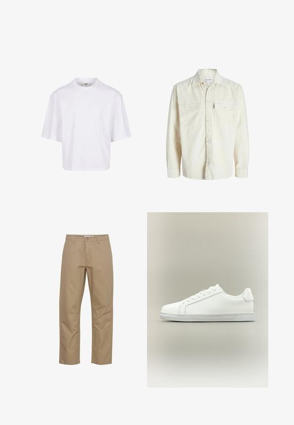 Off-white kordfløjl skjorte med lange ærmer, knaplukning foran og to brystlommer med klap og knapper.; Hvid t-shirt med korte ærmer, der har en rund halsudskæring og en afslappet pasform, lavet af et glat bomuldsblandingsstof. Ingen mønstre eller udsmykninger.; Beige bomuldsbukser med lige ben-design, der har en frontknap og lynlås lukning, sidelommer og et rent finish.; Lavtop hvid sneaker med snørelukning foran og tekstureret gummisål mod en ensartet neutral baggrund.