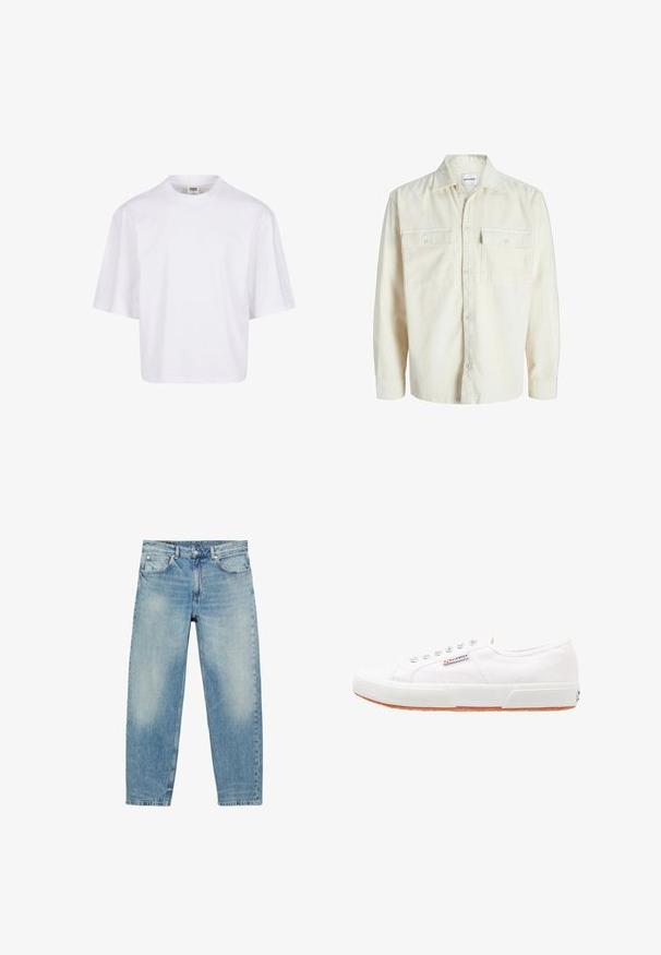 Helleitung Kordhemd mit langen Ärmeln, Knopfleiste und zwei Brusttaschen mit Klappen und Knöpfen.; Weißes Kurzarm-T-Shirt mit Rundhalsausschnitt und lockerer Passform, gefertigt aus einem glatten Baumwollmischgewebe. Keine Muster oder Verzierungen.; Blue Jeans mit geradem Bein, vorderen Taschen und Gürtelschlaufen, die leichte Verblassungen an Oberschenkeln und Knien zeigen.; Weiße Leinensneaker mit Gummisohle, Schnürdesign und einem kleinen Logolabel an der Seite. Strukturierte weiße Oberseite und braune Außensohle.