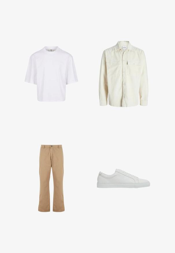 Off-white corduroy overhemd met lange mouwen, knoopsluiting aan de voorkant en twee borstzakken met klep en knopen.; Witte, kortekorte t-shirt met een ronde hals en een ontspannen pasvorm, gemaakt van een zachte katoenmix. Geen patronen of versieringen.; Beige katoenen broek met een rechte snit, voorzien van een knoopsluiting, zijzakken en een gladde textuur.; Reiss REGULAR FIT - LUCA TUMBLED - Sneakers laag - white
