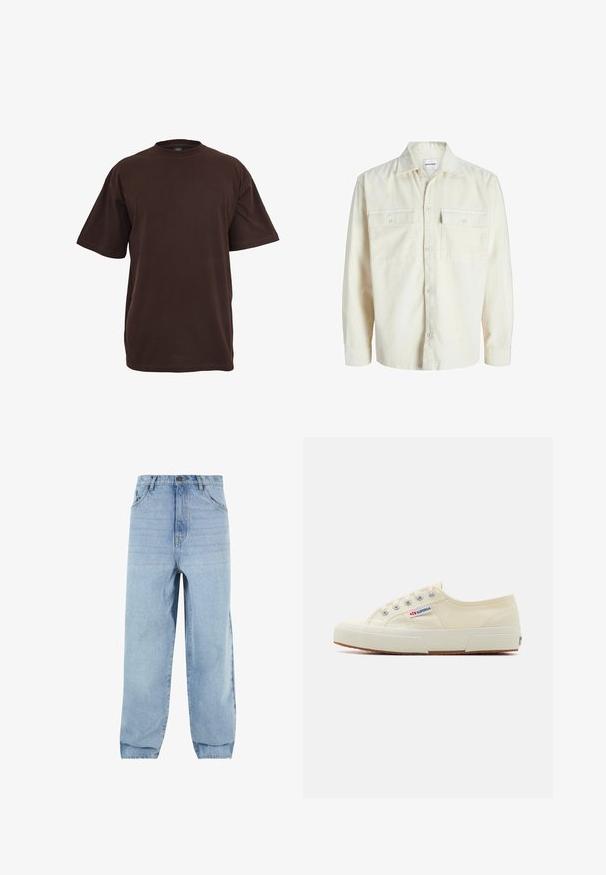 Off-white corduroy overhemd met lange mouwen, knoopsluiting aan de voorkant en twee borstzakken met klep en knopen.; Bruine katoen t-shirt met korte mouwen, ronde hals en een relaxte pasvorm. Glad textuur zonder zichtbare patronen of accenten.; Lichtblauwe denim jeans met een losse pasvorm, hoge taille en vijf zakken. Voorzien van riemlussen en een knoopsluiting. Glad textuur.; Beige canvas sneaker met een laag profiel, metalen oogjes en rubberen zool. Beschikt over een textuurpatroon en logodetail aan de zijkant.