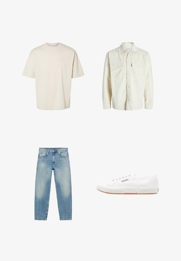 Helleitung Kordhemd mit langen Ärmeln, Knopfleiste und zwei Brusttaschen mit Klappen und Knöpfen.; Schlichtes beiges, kurzärmeliges, übergroß geschnittenes Baumwoll-T-Shirt mit Rundhalsausschnitt, flach auf weißem Hintergrund präsentiert.; Blue Jeans mit geradem Bein, vorderen Taschen und Gürtelschlaufen, die leichte Verblassungen an Oberschenkeln und Knien zeigen.; Weiße Leinensneaker mit Gummisohle, Schnürdesign und einem kleinen Logolabel an der Seite. Strukturierte weiße Oberseite und braune Außensohle.