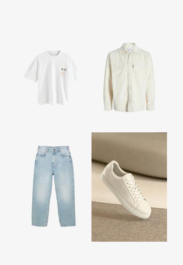 Chemise en velours côtelé écru à manches longues avec fermeture à boutons et deux poches à rabat sur la poitrine avec boutons.; Next T-SHIRT - T-shirt imprimé - white japan; Jeans en denim bleu clair taille haute avec une coupe droite, poches avant et arrière, et une fermeture à bouton avec des coutures visibles.; Baskets en cuir blanc avec des lacets blancs, exposées sur une surface beige texturée et avec un arrière-plan flou doux.