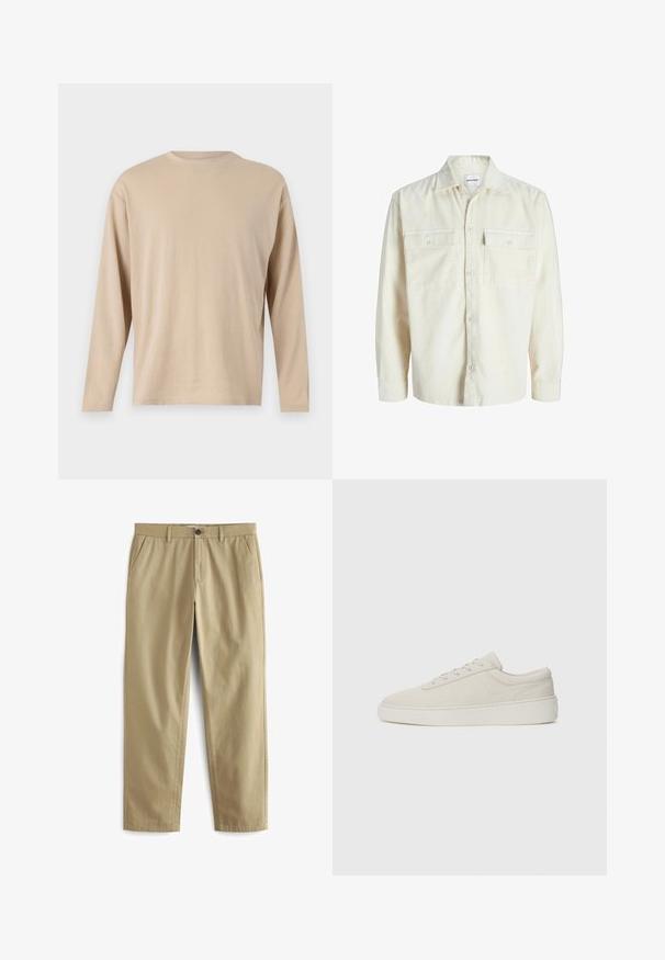 Off-white corduroy overhemd met lange mouwen, knoopsluiting aan de voorkant en twee borstzakken met klep en knopen.; Beige langesleeve shirt gemaakt van zachte stof met een rechte snit, ronde halslijn en minimale stikdetails langs de zoom en de mouwen.; Beige broeken van een katoenmix, met een knoopsluiting, twee voorzakken en rechte pijpen met een minimale textuur.; Beige sneakers met een zachte suede afwerking, ronde neus en platte rubberen zool. Beschikt over vetersluiting en een minimalistisch ontwerp met subtiele stiksels.