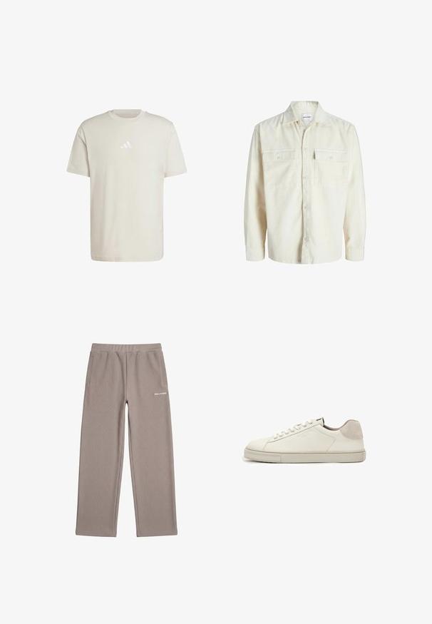 Off-white kordfløjl skjorte med lange ærmer, knaplukning foran og to brystlommer med klap og knapper.; Lys beige bomulds t-shirt med rund halsudskæring og korte ærmer. Har et lille, tonet Adidas-logo på brystet. Blød tekstur, klassisk pasform.; Taupe ribstrikkede bukser med elastisk taljebånd, sidelommer, vide ben og hvidt "PEGADOR" logo på højre hofte.; Hvid lavtopet lædersneaker med hvide snørebånd, let struktureret sål og lys grå ruskinds-hælpatch, sideudsigt.
