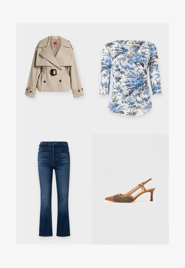 Trench-coat court beige avec large revers, boutons croisés, ceinture à la taille avec boucle écaille de tortue et pattes de manches boutonnées.; Blouse cache-cœur blanche avec motif floral bleu et noir, manches trois-quarts, et petite étiquette de taille au niveau de l'encolure.; Jean évasé en denim bleu foncé. Présente un design taille haute, cinq poches et des détails de couture minimalistes. Texture lisse et finition soignée.; Chaussure slingback en cuir marron avec un bout pointu, présentant un panneau en tissu à motif foncé et un talon empilé. Côtés ouverts et texture lisse.