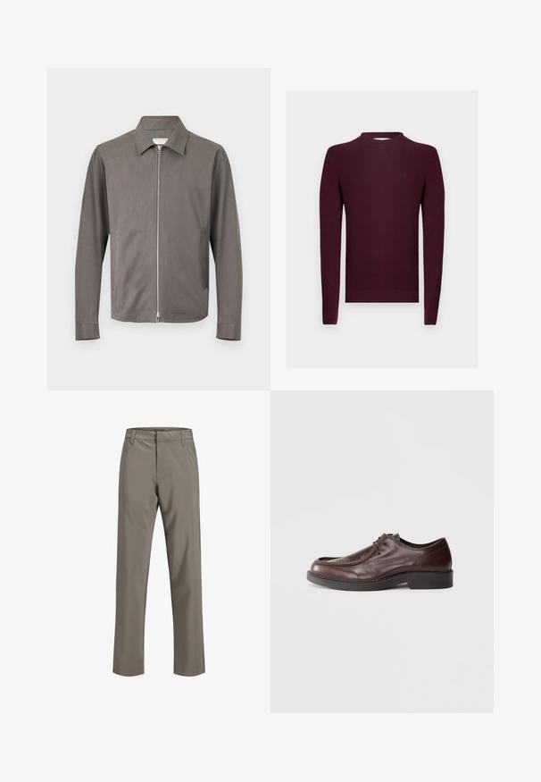 Γκρι μακρυμάνικο μπουφάν με φερμουάρ, γιακά και δύο πλαϊνές τσέπες, απεικονίζεται σε απλό ανοιχτό φόντο.; Μπορντό πλεκτό πουλόβερ με μακριά μανίκια, ριμπ υφή και λαιμόκοψη crew. Μικρό λογότυπο στο αριστερό στήθος.; Ανδρικό παντελόνι καφέ με ίσιο κόψιμο, θηλιές για ζώνη και φερμουάρ, χωρίς ορατές τσέπες.; Καφέ δερμάτινο παπούτσι με στρογγυλή μύτη, ελάχιστες ραφές και ανθεκτική μαύρη σόλα. Διαθέτει κούμπωμα με κορδόνια και λεία υφή.