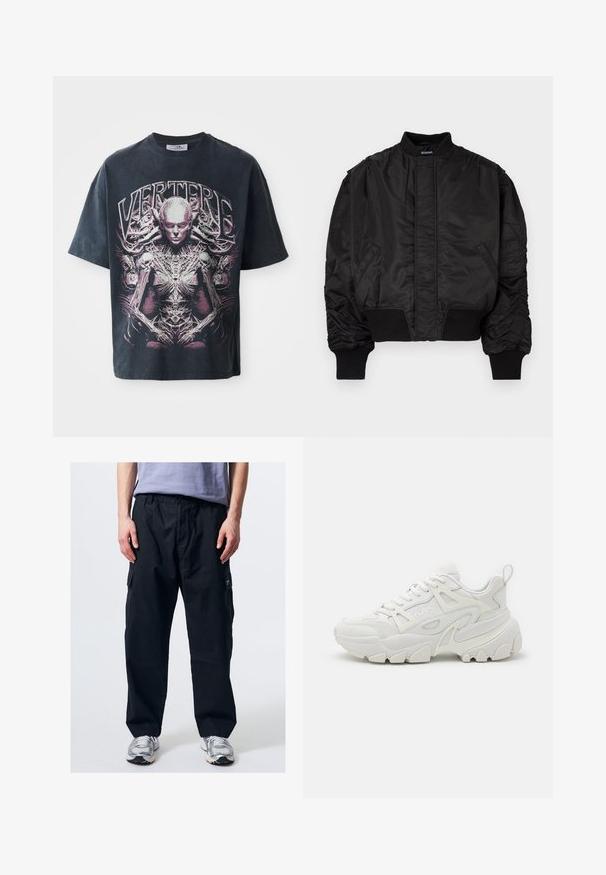 Chaqueta bomber negra con cuello alto, mangas abullonadas, puños y cintura acanalados, y un acabado suave de satén. Cuenta con bolsillos laterales.; Camiseta gráfica negra de algodón, con un gran diseño en rosa y blanco de una figura humanoide con detalles intrincados y el texto "VERTERE."; Persona que lleva pantalones cargo negros sueltos con bolsillos laterales y zapatillas blancas, de pie contra un fondo claro y liso.; Zapatillas deportivas blancas con un upper texturizado, paneles de malla, suela de goma prominente y recortes decorativos en los laterales.