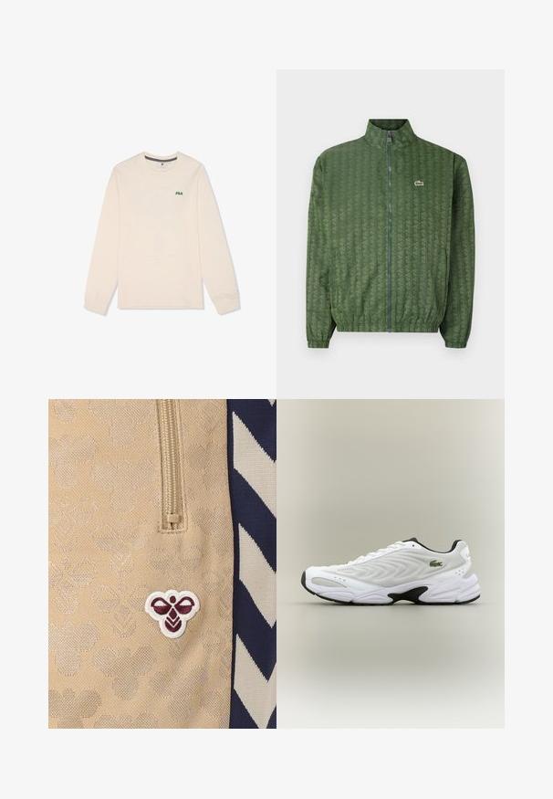 Chaqueta verde con cierre de cremallera y un patrón geométrico, cuello alto, puños elásticos y el logo de Lacoste en el pecho. Material ligero.; Camisa de manga larga de algodón color crema. Presenta un pequeño logotipo verde de "FILA" en el pecho y un diseño de cuello redondo con puños acanalados.; Tela beige con un logo bordado de abeja en granate y blanco, con una cremallera en la parte superior y un patrón cheurón en azul marino y blanco en el lateral.; Zapatilla deportiva blanca con parte superior de malla texturizada, diseño curvado y suela exterior negra en contraste. Presenta un logo verde bordado en el lateral.