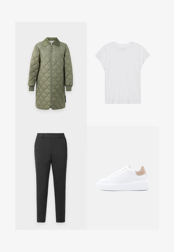 Manteau long matelassé en vert olive, avec une fermeture éclair à l'avant, un col rabattu, des poignets côtelés et un motif en losanges sur tout le tissu.; T-shirt blanc à manches courtes, col rond, coupe décontractée, en tissu de coton doux. Texture lisse, sans motifs ni logos.; Pantalons slim gris foncé avec passants de ceinture, poches latérales et une coupe fuselée, sur un fond uni clair.; Baskets en cuir blanc avec une semelle épaisse et un talon en daim beige, vues de côté sur un fond clair uni.