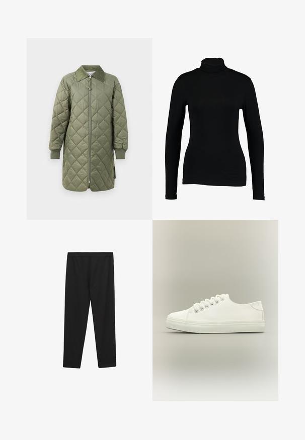 Gepolsterter langer Mantel in Olivgrün, mit einem Reißverschluss vorne, umgeschlagenem Kragen, gerippten Bündchen und einem Rautenmuster im gesamten Stoff.; Schwarzes Langarm-Turtleneck-Top aus glattem Stoff, mit taillierter Passform und hohem Kragen, geeignet zum Layering oder als eigenständiges Kleidungsstück.; Schwarze, dehnbare Sporthosen mit glatter Textur, elastischem Bund und geradem Schnitt, geeignet für Sportbekleidung oder lässige Nutzung.; Weißer Low-Top-Sneaker mit weißen Schnürsenkeln und Gummisohle, seitlich auf neutralem Hintergrund dargestellt.