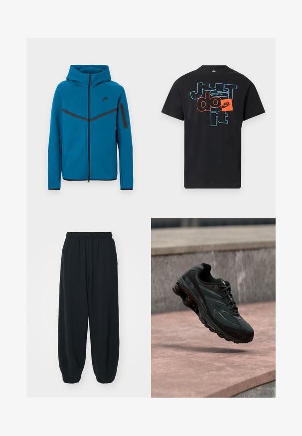 Modrá bunda s kapucňou z jemnej tkaniny, s predným zipsom, kontrastnými čiernymi prvkami a vreckom na rukáve so zipsom.; Čierne tričko Nike s textom "Just do it" v modrom obryse a oranžovými blokovými písmenami, s oranžovou nášivkou s logom Nike na hrudi.; Čierne tepláky s elastickým pásom, vo voľnom strihu, s manžetami na členkoch, hladkej textúry a bez viditeľných vzorov alebo kovových doplnkov.; Čierna atletická teniska s viditeľnou medzipodrážkou s air cushioning, ktorá visí nad ružovým kamenným povrchom s pozadím sivej kamennej steny.