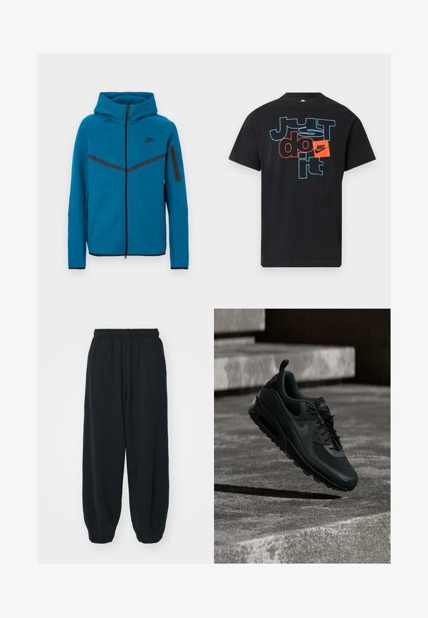 Modrá bunda s kapucňou z jemnej tkaniny, s predným zipsom, kontrastnými čiernymi prvkami a vreckom na rukáve so zipsom.; Čierne tričko Nike s textom "Just do it" v modrom obryse a oranžovými blokovými písmenami, s oranžovou nášivkou s logom Nike na hrudi.; Čierne tepláky s elastickým pásom, vo voľnom strihu, s manžetami na členkoch, hladkej textúry a bez viditeľných vzorov alebo kovových doplnkov.; Čierna teniska Nike Air Max zavesená vo vzduchu nad štruktúrovanou betónovou podlahou s betónovými schodmi v pozadí.