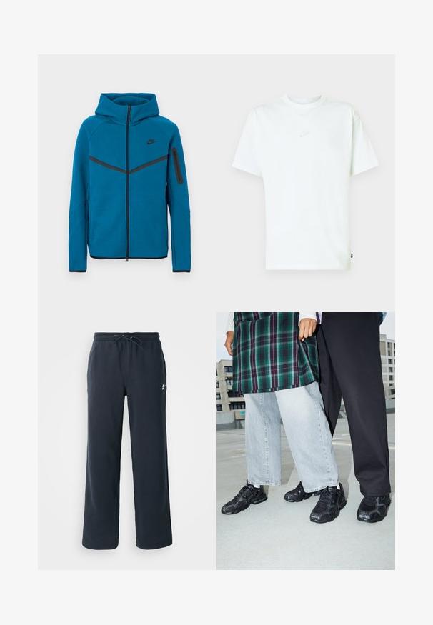 Blauwe gewatteerde jas van zachte stof, met een ritssluiting aan de voorkant, contrasterende zwarte accenten, en een ritssluitingzak op de mouw.; Wit katoenen T-shirt met een ronde hals, korte mouwen en een klein reliëf Nike-logo op de borst. Zachte textuur en een ontspannen pasvorm.; Donkerblauwe joggingbroek met een elastische tailleband en een trekkoord. Gemaakt van zachte stof, met een klein wit logo op de linkerheup.; Zwarte sportieve schoenen met mesh- en rubberaccenten. Draagt een lichtgrijze wijde spijkerbroek en een groen geruit shirt. Effen achtergrond.