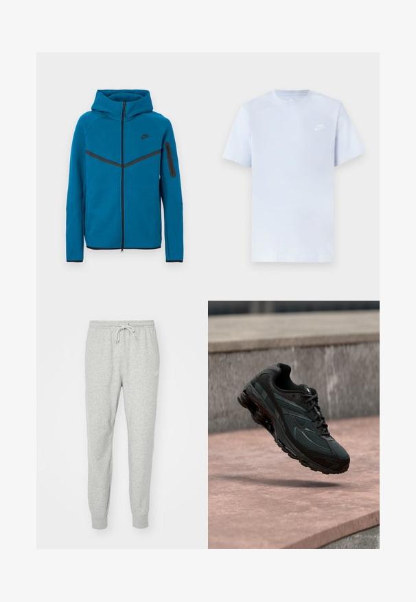 Chaqueta azul con capucha fabricada en tela suave, que cuenta con una cremallera frontal, detalles en negro contrastante y un bolsillo con cremallera en la manga.; Camiseta de algodón de color azul claro con mangas cortas, cuello redondo y un logo blanco de Nike impreso en el pecho izquierdo. Textura suave, diseño sencillo.; Pantalones de chándal grises hechos de material suave, con cintura elástica, cierre de cordón y puños acanalados. Presenta un pequeño logo en el costado.; Zapatilla deportiva negra con entresuela visible con amortiguación de aire que flota sobre una superficie de piedra rosa con un fondo de pared de piedra gris.