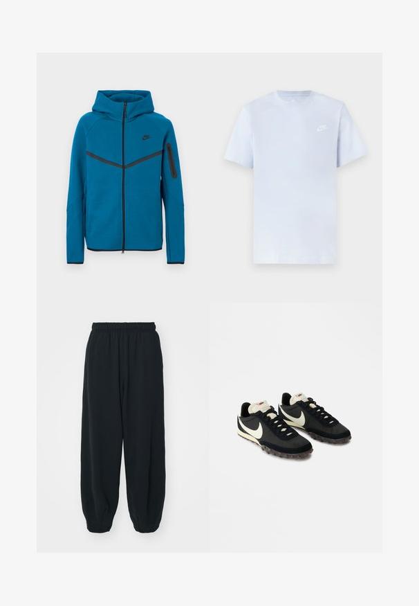 Blaue Kapuzenjacke aus weichem Stoff mit einem Frontreißverschluss, kontrastierenden schwarzen Akzenten und einer Reißverschlusstasche am Ärmel.; Hellblaue Baumwoll-T-Shirt mit kurzen Ärmeln, Rundhalsausschnitt und einem weißen Nike-Logo, das auf der linken Brust gedruckt ist. Glatte Textur, schlichtes Design.; Schwarze Sweatpants mit elastischem Bund, lockerer Passform, gerippten Beinabschlüssen, glatter Textur und ohne sichtbare Muster oder Hardware-Akzente.; Schwarze Sportschuhe mit einer strukturierten Oberseite, weißem Swoosh-Logo und einer Gummisohle, die mit kleinen Noppen für besseren Halt ausgestattet ist. Beigefarbener Kragen.