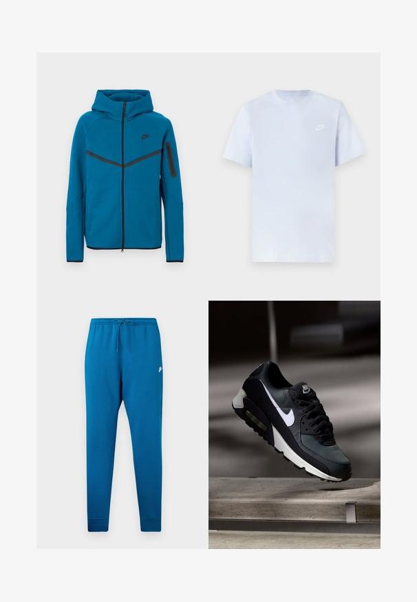 Blaue Kapuzenjacke aus weichem Stoff mit einem Frontreißverschluss, kontrastierenden schwarzen Akzenten und einer Reißverschlusstasche am Ärmel.; Hellblaue Baumwoll-T-Shirt mit kurzen Ärmeln, Rundhalsausschnitt und einem weißen Nike-Logo, das auf der linken Brust gedruckt ist. Glatte Textur, schlichtes Design.; Blaue Sweathosen mit elastischem Bund und verstellbarem Kordelzug. Mit einem weißen Logo auf dem Oberschenkel und tapered Bündchen an den Knöcheln.; Schwarzer und grauer Nike Air Max Sneaker mit weißem Swoosh, schwebend über einer Betonfläche vor einem verschwommenen dunklen Hintergrund.
