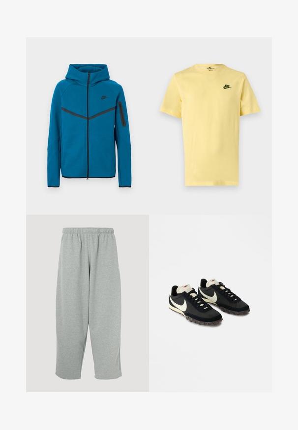 Blå hættejakke lavet af blødt stof, med lynlås foran, kontrastfarvede sorte detaljer og en lynlåslomme på ærmet.; Lysegul kortærmet Nike T-shirt med grønt Nike-logo på venstre bryst, vist på en ensfarvet lys baggrund.; Lysegrå joggingbukser med elastisk taljebånd, konisk ben-design og blød tekstur. Ingen synligt mærke eller mønstre.; Sorte sportssko med en struktureret overdel, hvid swoosh-logo og gummisål med små stik til trækkraft. Elfenbensfarvet krave.