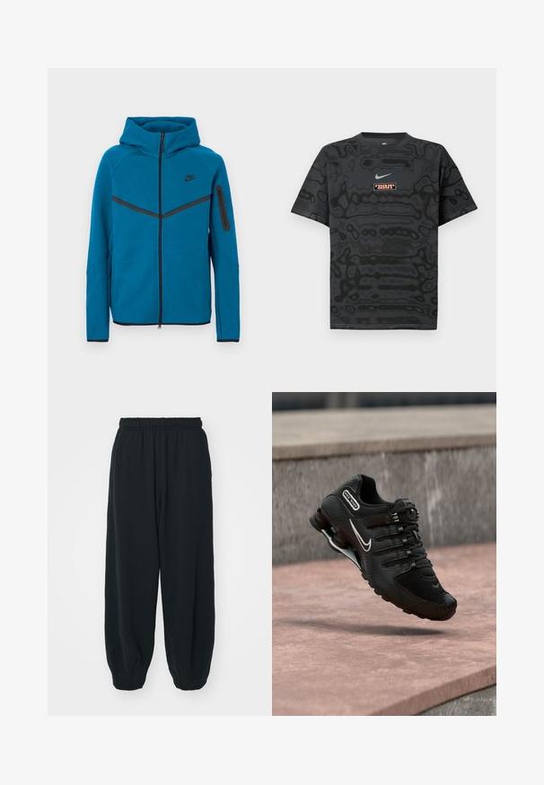 Pehmeast kangast sinine kapuutsiga jakk, millel on ees lukk, kontrastsed mustad detailid ja lukuga varrukatasku.; Must T-särk tekstuurse mustriga, millel on helesinine väike Nike logo ja ristkülikukujuline kontrastsetes värvides logomärk.; Mustade elastse vöökoha ja laia lõikega dressipüksid, mansetiga sääred, sile tekstuur ning ilma nähtavate mustrite või detailideta.; Must Nike Shox jooksujalats valge Swooshi logoga, õhus roosakat tooni betoonpinna kohal, halli kiviseina taustal.