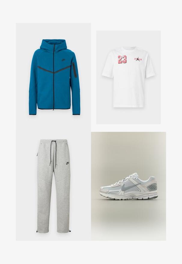 Blauwe gewatteerde jas van zachte stof, met een ritssluiting aan de voorkant, contrasterende zwarte accenten, en een ritssluitingzak op de mouw.; Wit T-shirt met korte mouwen met rood nummer 23 op de linkerborst en zwart Jumpman-logo met rode "Jordan" tekst op de rechterborst.; Grijze Nike trainingsbroek met een verstelbare tailleband, zijzakken en elastische boorden. Heeft een soepele textuur en contrasterende zwarte logo-details.; Witte en grijze Nike hardloopschoen met mesh en synthetische overlays, grijs swoosh-logo, gedempte zool en gestructureerde hielondersteuning.