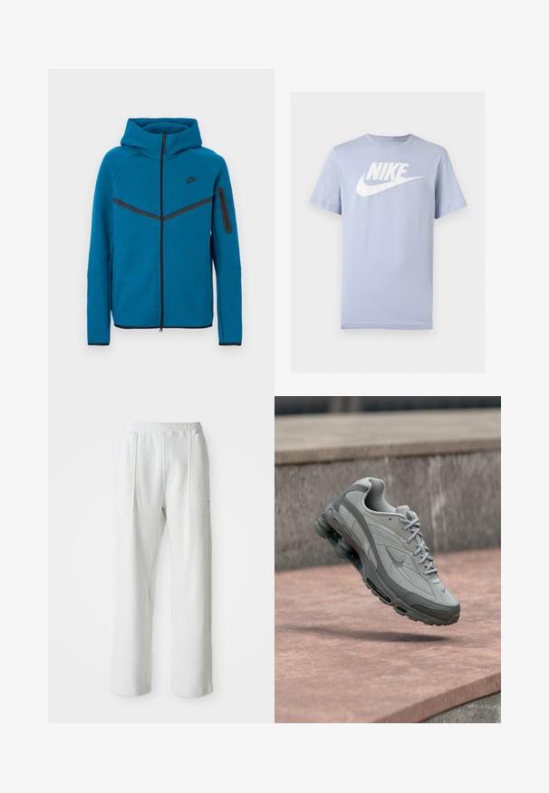 Blauwe gewatteerde jas van zachte stof, met een ritssluiting aan de voorkant, contrasterende zwarte accenten, en een ritssluitingzak op de mouw.; Lichtblauw katoenen T-shirt met korte mouwen en een wit Nike-logo en swoosh op de borst, weergegeven op een effen achtergrond.; Witte casual broek met een elastische tailleband en grote voorzakken, weergegeven op een effen lichte achtergrond.; Grijze en witte Nike-sneaker zwevend boven een stenen trede met zichtbare luchtvering en een gestructureerde zool.