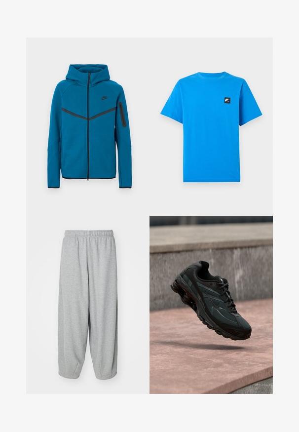 Blå hættejakke lavet af blødt stof, med lynlås foran, kontrastfarvede sorte detaljer og en lynlåslomme på ærmet.; Lyseblå T-shirt med korte ærmer, rund hals og lille sort Nike Air-logo på venstre bryst.; Lys grå, løstsiddende sweatpants lavet af blød stof. Elastisk talje og manchetter ved anklerne. Enkel og udekoreret design.; Sort atletisk sneaker med synligt luftdæmpende mellemsål, der svæver over en pink stenoverflade med en grå stenvæg i baggrunden.