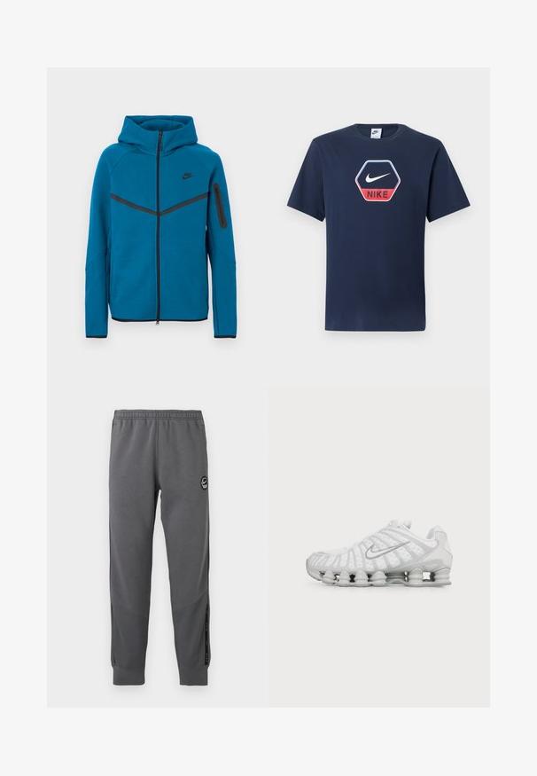 Blå hættejakke lavet af blødt stof, med lynlås foran, kontrastfarvede sorte detaljer og en lynlåslomme på ærmet.; Mørkeblå Nike T-shirt med korte ærmer, rund hals og sekskantet logo med en hvid swoosh og rød "NIKE" tekst foran.; Grå sweatpants lavet af blødt stof med elastisk talje, tætsiddende ben, sidelommer og en cirkulær logo-patch.; Hvid Nike sneaker med karakteristisk bølget design og fjederlignende polstring under sålen, set fra siden på en ensfarvet baggrund.
