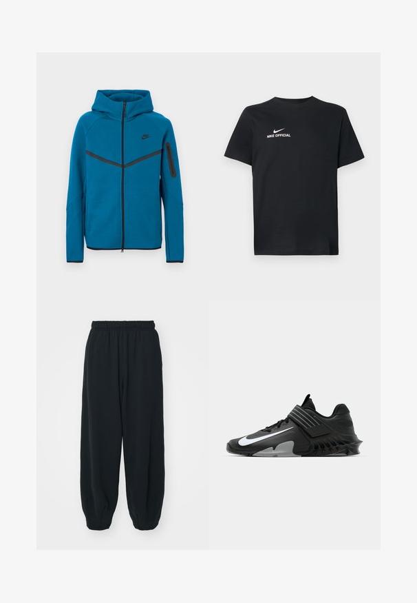 Blå hættejakke lavet af blødt stof, med lynlås foran, kontrastfarvede sorte detaljer og en lynlåslomme på ærmet.; Sort bomulds t-shirt med rund halsudskæring. Har et hvidt Nike-logo og teksten "NIKE OFFICIAL" på fronten. Korte ærmer.; Sorte svedbukser med elastisk talje, løs pasform, afsluttede ankler, glat tekstur og uden synlige mønstre eller hardware-detaljer.; Sorte sportsko med et strømlinet design, der har et fremtrædende hvidt Nike-logo, teksturerede overflader og en karakteristisk støbt sål.