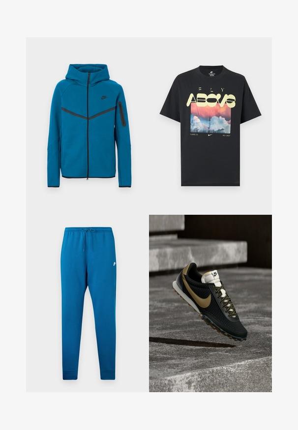 Blaue Kapuzenjacke aus weichem Stoff mit einem Frontreißverschluss, kontrastierenden schwarzen Akzenten und einer Reißverschlusstasche am Ärmel.; Schwarzes Baumwoll-T-Shirt mit einem Motiv aus Wolken, einem rosa-blauen Himmel und auffälligem gelbem Text mit den Worten "FLY ABOVE" und "THERE IS NO LIMIT."; Blaue Sweathosen mit elastischem Bund und verstellbarem Kordelzug. Mit einem weißen Logo auf dem Oberschenkel und tapered Bündchen an den Knöcheln.; Schwarzer und goldener Nike Laufschuh mit strukturiertem Obermaterial und gemusterten Schnürsenkeln, der über einer rauen Betonfläche und Stufen schwebt.