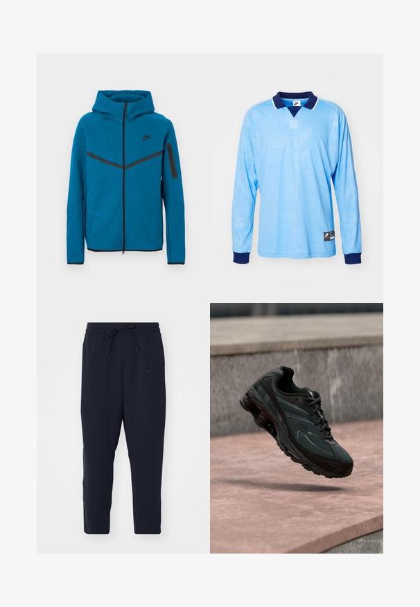 Blaue Kapuzenjacke aus weichem Stoff mit einem Frontreißverschluss, kontrastierenden schwarzen Akzenten und einer Reißverschlusstasche am Ärmel.; Hellblauses Langarm-Polohemd mit marineblauem Kragen und Bündchen, das ein dezentes Allover-Muster und Nike-Logoprint am unteren Saum aufweist.; Navy Jogginghose aus weichem Stoff, mit elastischem Bund und Kordelzug, schmal zulaufenden Beinen und Seitentaschen.; Schwarzer athletischer Sneaker mit sichtbarer Air-Cushioning-Zwischensohle, der über einer rosa Steinoberfläche mit grauer Steinmauer im Hintergrund schwebt.