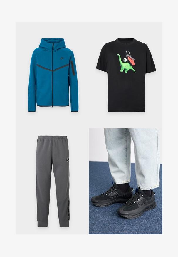 Blaue Kapuzenjacke aus weichem Stoff mit einem Frontreißverschluss, kontrastierenden schwarzen Akzenten und einer Reißverschlusstasche am Ärmel.; Schwarzes T-Shirt mit einem grünen Dinosaurier-Design, das ein Auge und Schlüsselanhänger-Akzente zeigt. Das Design ist verspielt und modern, geeignet für lässige Kleidung.; Graue Sweatpants aus weichem Stoff mit einem elastischen Bund, schmal zulaufenden Beinen, Seitenpaneelen und einem runden Logo-Patch.; Schwarze Sportschuhe aus strukturiertem Stoff mit Gummisohlen, ausgestattet mit elastischen Schnürsenkeln und einem blauen Akzent an der Ferse. Getragen mit hellen Jeans.