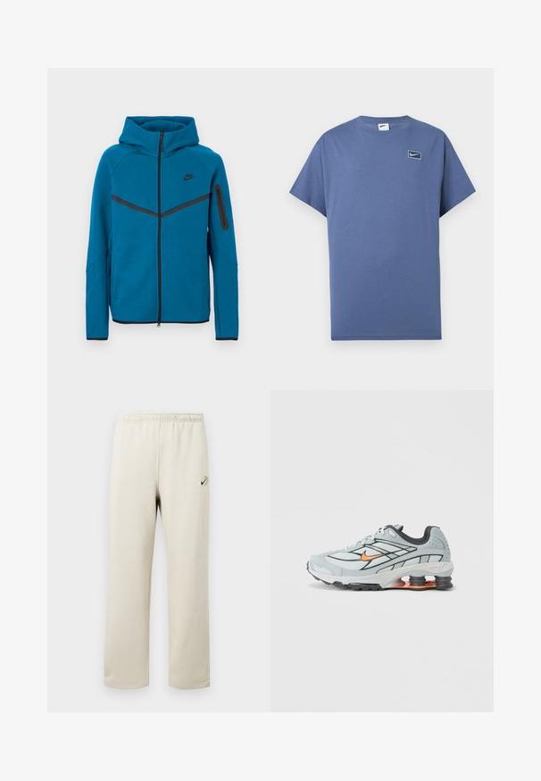 Blå hættejakke lavet af blødt stof, med lynlås foran, kontrastfarvede sorte detaljer og en lynlåslomme på ærmet.; Blå kortærmet T-shirt med rund hals og et lille Nike swoosh-logo inde i en afrundet firkant på venstre bryst.; Beige joggingbukser med elastik i taljen, lige ben og lille grøn og sort Nike-logo på den øverste venstre lår.; Lyst grå løbesko med sorte detaljer, orange logo, mesh-overdel, polstret krave og gummisål med synlige stødabsorberende enheder.