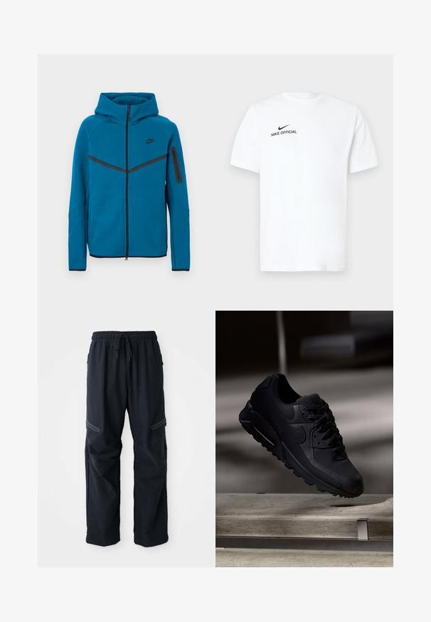 Blauwe gewatteerde jas van zachte stof, met een ritssluiting aan de voorkant, contrasterende zwarte accenten, en een ritssluitingzak op de mouw.; Wit katoenen T-shirt met korte mouwen. Voorzien van een zwart "Nike Official" logo en een zwarte swoosh aan de linkerkant van de borst.; Zwarte casual broek met elastische tailleband, trekkoord en ritszakken op een witte achtergrond.; Zwarte Nike Air Max 90 sneaker met een gestructureerd mesh bovenwerk, gladde leren accenten, een gevoerd kraagje en zichtbare luchtkussens in de zool.