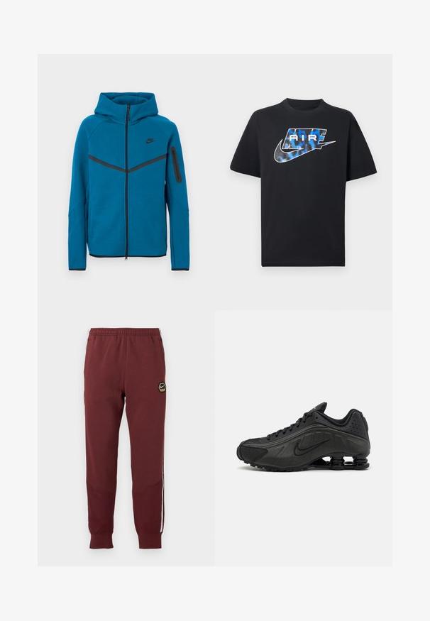 Blauwe gewatteerde jas van zachte stof, met een ritssluiting aan de voorkant, contrasterende zwarte accenten, en een ritssluitingzak op de mouw.; Zwart kortermig T-shirt met een blauw-witte gestileerde tekst "AIR" en het Nike swoosh-logo op de borst.; Bordeauxrode trainingsbroek met een hexagonaal Nike-logo, elastische tailleband, twee zijzakken en witte zijkanten. Geweven stof met een tapered leg ontwerp.; Zwarte hardloopschoenen met een glad bovenwerk van synthetisch materiaal, geperforeerde accenten, gestructureerde zijpanelen en een opvallende veerkrachtige zool.
