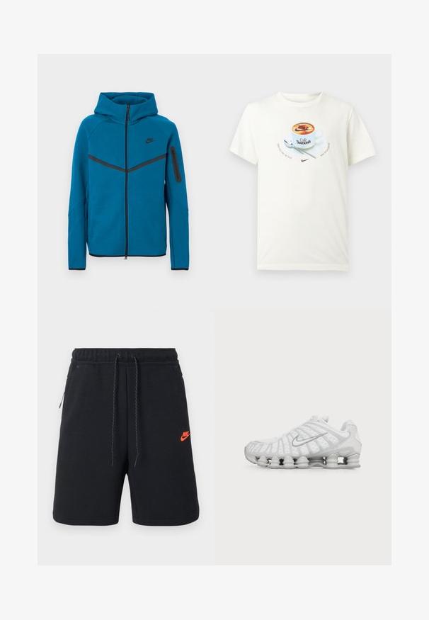 Veste à capuche bleue en tissu doux, avec une fermeture éclair frontale, des accents noirs contrastants et une poche zippée sur la manche.; T-shirt blanc avec un motif de tasse de café étiquetée "Café Swoosh", cuillère sur la soucoupe, et logos Nike avec le texte "Conçu pour la semelle" et "Nike sportswear."; Shorts noirs Nike avec ceinture élastique, cordon de serrage, poches latérales et petit logo Nike orange sur la cuisse gauche.; Chaussure de running blanche Nike avec semelle à coussin d’air visible et logo swoosh argenté sur le côté, vue de l'extérieur.