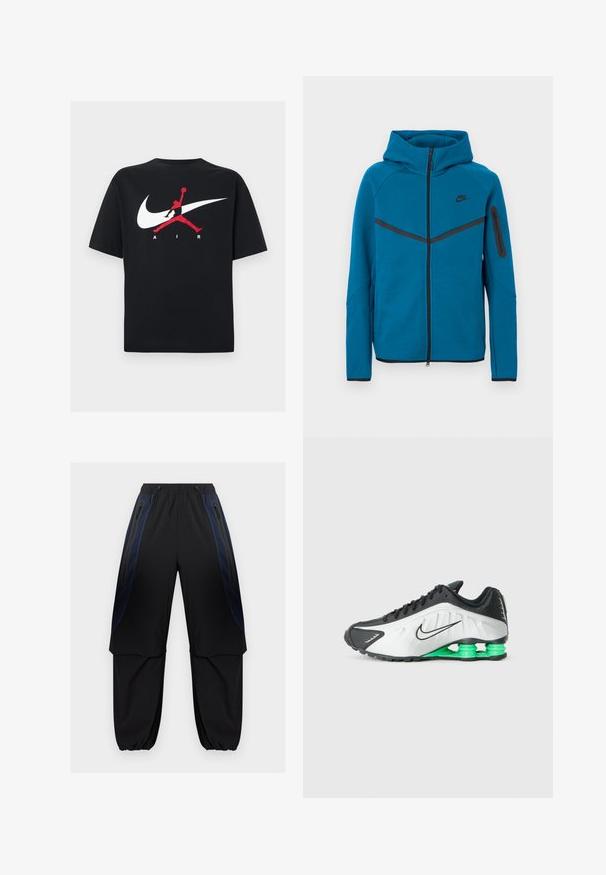 Veste à capuche bleue en tissu doux, avec une fermeture éclair frontale, des accents noirs contrastants et une poche zippée sur la manche.; T-shirt en coton noir à col rond, avec un grand logo Nike swoosh blanc et un logo Jumpman rouge accompagné du texte "AIR" en blanc.; Pantalon cargo noir et bleu foncé avec taille et poignets élastiques, doté de poches latérales zippées et de panneaux en tissu superposés sur les cuisses.; Baskets noires et blanches avec des accents verts, dotées d'un design épuré, d'un dessus texturé et d'une semelle segmentée distinctive.