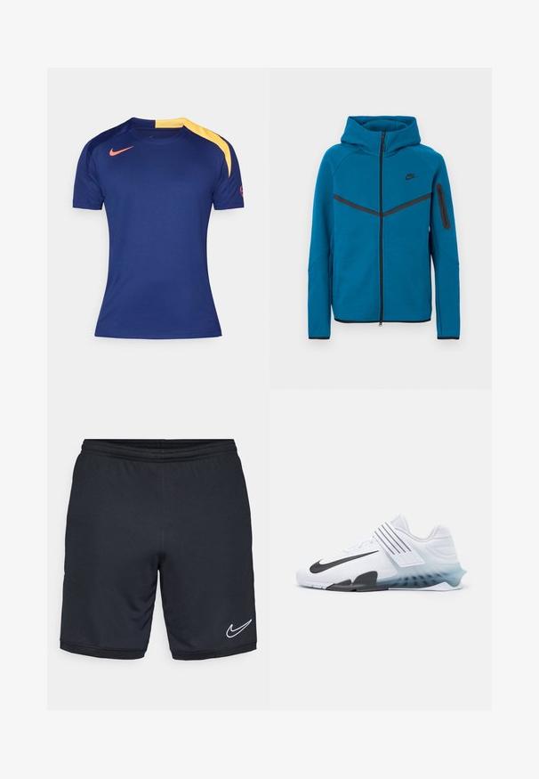 Blå hættejakke lavet af blødt stof, med lynlås foran, kontrastfarvede sorte detaljer og en lynlåslomme på ærmet.; Mørkeblå sports T-shirt med korte ærmer, gult skulderpanel og rødt Nike-swoosh på brystet og ærmet.; Sort atletiske shorts med et glat, let stof, elastisk talje og en hvid Nike-logo accenter tæt på kanten.; Hvide atletiske sko med sort Nike swoosh, mesh-overdel, tre sorte striber og en gradient sål fra blå til klar. Har forstærkede detaljer.