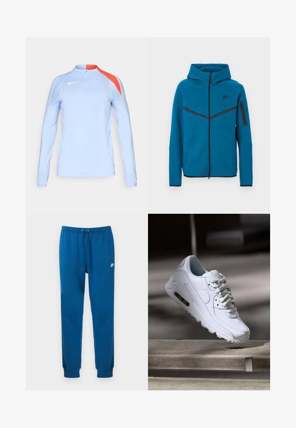 Blauwe gewatteerde jas van zachte stof, met een ritssluiting aan de voorkant, contrasterende zwarte accenten, en een ritssluitingzak op de mouw.; Lichtblauwe sporttop met lange mouwen en een kwartrits, met oranje accenten op de schouders en een klein wit Nike-logo op de borst.; Blauwe katoenen joggingbroek met elastische tailleband, trekkoordsluiting en wit Nike-logo op de linkerheup. Aansluitende boordjes bij de enkels.; Witte leren sneaker met gestructureerde oppervlakken, gevoerde kraag en zichtbare luchtbescherming in de zool. Heeft veters en een minimalistisch ontwerp.