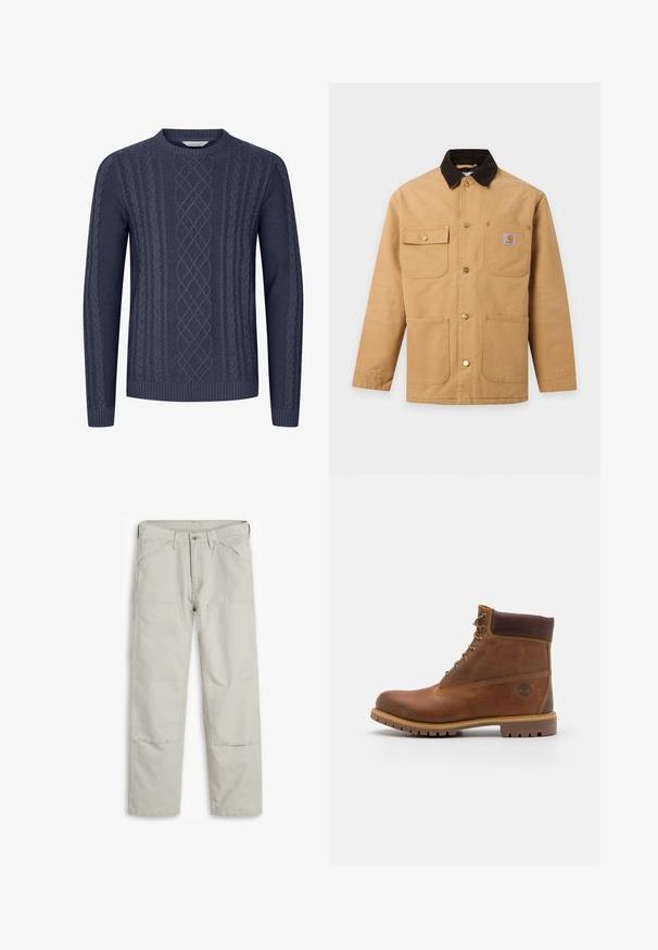 Beige arbejdsjakke med mørkebrun krave, fire forlommer inklusive en brystlomme med knap og metaltrykknapper ned foran.; Mørkeblå strikket sweater med teksturerede kabelmønstre, rund halsudskæring og ribbekanter ved ærmerne og nederste kant. Fremstillet af blødt og holdbart stof.; Lys grå bomuldsbukser med lige snit, flere lommer, forstærkede knælapper og kontrasterende syninger.; Brun læder vandrestøvle med en glat finish, polstret ankel, metalliske snørehuller og en gummisål med et robust dækmønster.