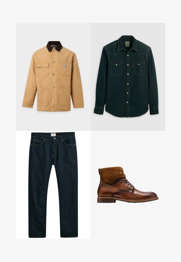 Beige werkjas met donkerbruine kraag, vier voorzakken inclusief een borstzak met knoop en metalen drukkers aan de voorkant.; Donkergroene overhemdd blouse gemaakt van denim stof, voorzien van twee borstzakken met drukknoopsluiting, contrasterende gele stiksels en een klassieke kraag.; Donkerblauwe denim jeans met een recht model, vijf zakken en contrasterende stiksels op de naden. Gladde stofstructuur.; Kazar ALID - Veterboots - brown
