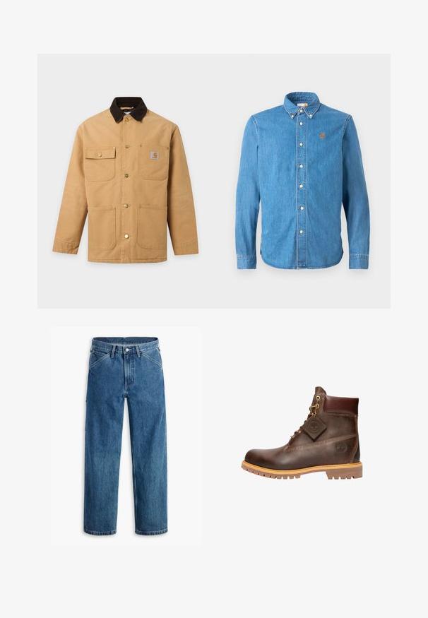 Beige Arbeitsjacke mit dunkelbraunem Kragen, vier vorderen Taschen einschließlich einer Brusttasche mit Knopf und Metall-Druckknöpfen vorne.; Helles blaues Denim-Hemd mit langen Ärmeln, Button-Down-Kragen und weißen Knöpfen. Mit einem kleinen, orangen Baum-Logo auf der linken Brust.; Blaue Jeans mit geradem Bein, Vordertaschen, Gürtelschlaufen, Metallknopf und Reißverschluss auf weißem Hintergrund.; Braune Leder-Ankelstiefel mit runder Zehenpartie, robuster Sohle, goldfarbener Hardware und strukturiertem Obermaterial. Enthält ein angehängtes Logo-Tag.