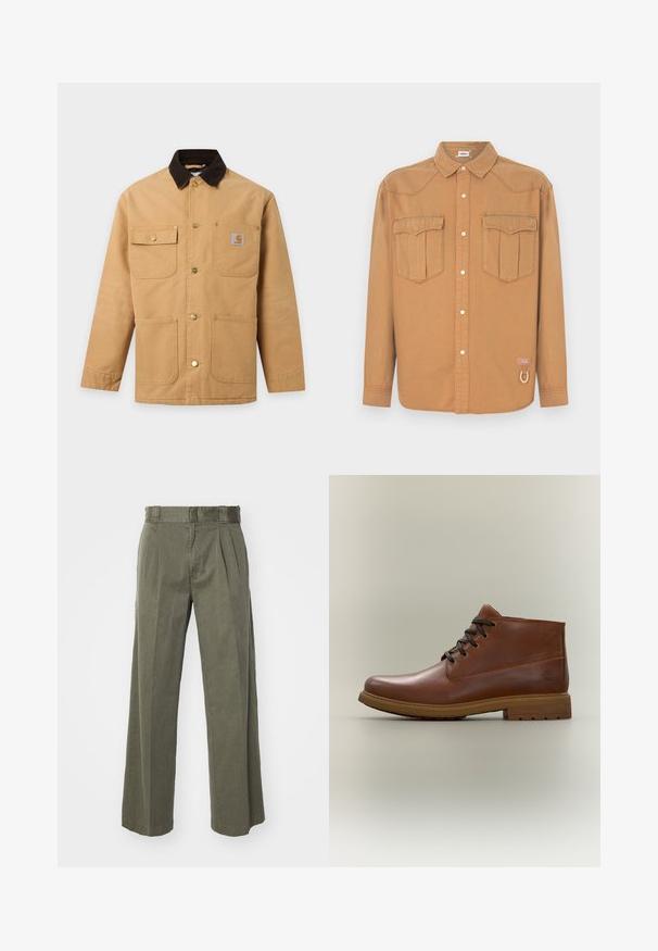 Chaqueta de trabajo beige con cuello marrón oscuro, cuatro bolsillos delanteros incluyendo un bolsillo en el pecho con botón y botones automáticos de metal en la parte delantera.; Camisa de mezclilla marrón con dos bolsillos en el pecho, cuello puntiagudo, cierre de botones en el frente y costuras en contraste. Presenta un parche con logo y detalle de presilla.; Pantalones verde oliva con un diseño ancho y suelto de pierna ancha con pliegues delanteros. Confeccionados en un tejido texturizado, con una cinturilla estándar y sin elementos metálicos visibles.; Botín marrón de cuero con cordones, suela de goma, costura sencilla y un pequeño logo en relieve cerca del talón sobre un fondo claro.