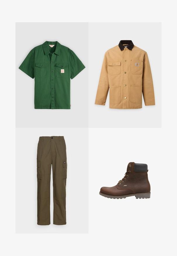 Chaqueta de trabajo beige con cuello marrón oscuro, cuatro bolsillos delanteros incluyendo un bolsillo en el pecho con botón y botones automáticos de metal en la parte delantera.; Camisa de algodón verde de manga corta con botones en la parte delantera, dos bolsillos en el pecho y una pequeña etiqueta en el bolsillo izquierdo. Sencilla, sin patrones.; Pantalones cargo en verde oliva, hechos de un tejido resistente. Presenta dos bolsillos laterales, una cintura estándar y un diseño de pierna recta.; Botín de cuero marrón con acentos negros, ojales metálicos, diseño de cordones, suela texturizada y detalle impermeable en el lateral.