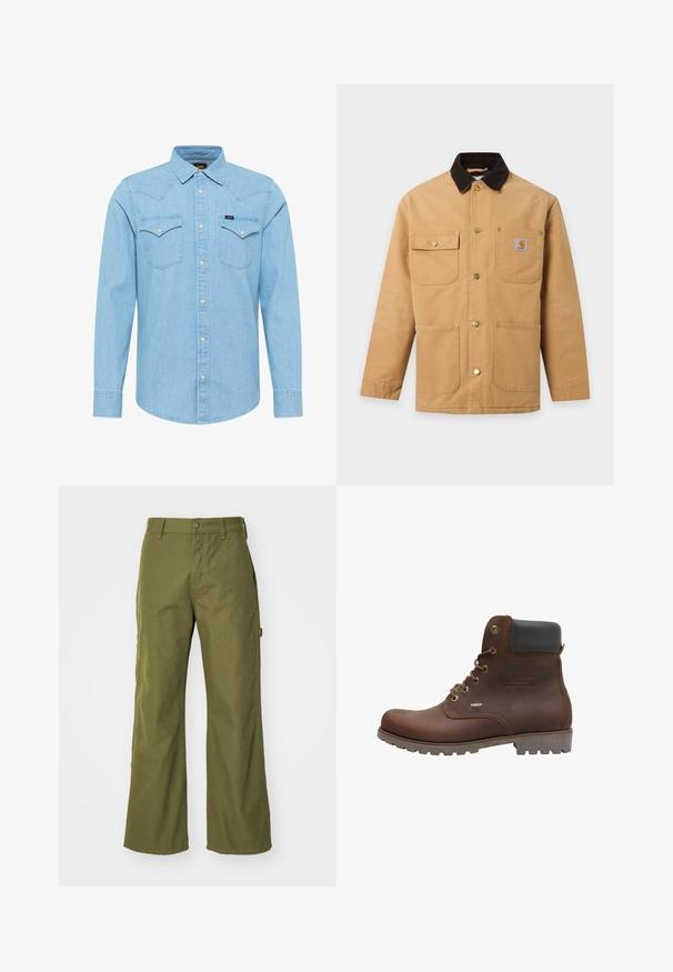 Chaqueta de trabajo beige con cuello marrón oscuro, cuatro bolsillos delanteros incluyendo un bolsillo en el pecho con botón y botones automáticos de metal en la parte delantera.; Camisa de mezclilla azul claro de manga larga con cierre de botones, dos bolsillos en el pecho con botones, cuello puntiagudo y pequeño logo de Lee en el bolsillo izquierdo.; Pantalones de pernera ancha en verde oliva, confeccionados con una tela resistente, que presentan un cierre de botón, bolsillos laterales y un diseño de dobladillo recto.; Botín de cuero marrón con acentos negros, ojales metálicos, diseño de cordones, suela texturizada y detalle impermeable en el lateral.