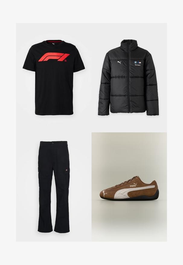 Sort dunjakke med frontlynlås, Puma-logo på venstre bryst og BMW Motorsport-logo på højre bryst. Høj krave og lange ærmer.; Sort bomulds T-shirt med et stort rødt Formula 1-logo på forsiden. Rund halsudskæring og korte ærmer, glat tekstur.; Sorte cargo bukser med lige ben-design, fremstillet af slidstærkt stof, med sidelommer og et patch-logo på venstre side.; Brun ruskindsneaker med hvide accenter og tekstureret design. Har en sort gummisål og et fremtrædende Puma-logo på siden.