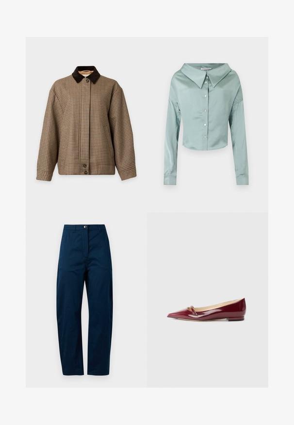 Bruine en beige geruite jas met een donkerbruine corduroy kraag en knoopsluiting aan de voorkant op een effen achtergrond.; Lichtgroene satijnen cropped blouse met knopen, lange mouwen en brede puntige kraag.; Marineblauwe broek met een recht model, voorzien van een sluiting met een knoop aan de voorkant, twee zijzakken en een gladde, gestructureerde stofafwerking.; Bordeaux patent leren ballerina's met een puntige neus, voorzien van een klein uitsnijdetail en een lage hak. Glad textuur en een slank ontwerp.