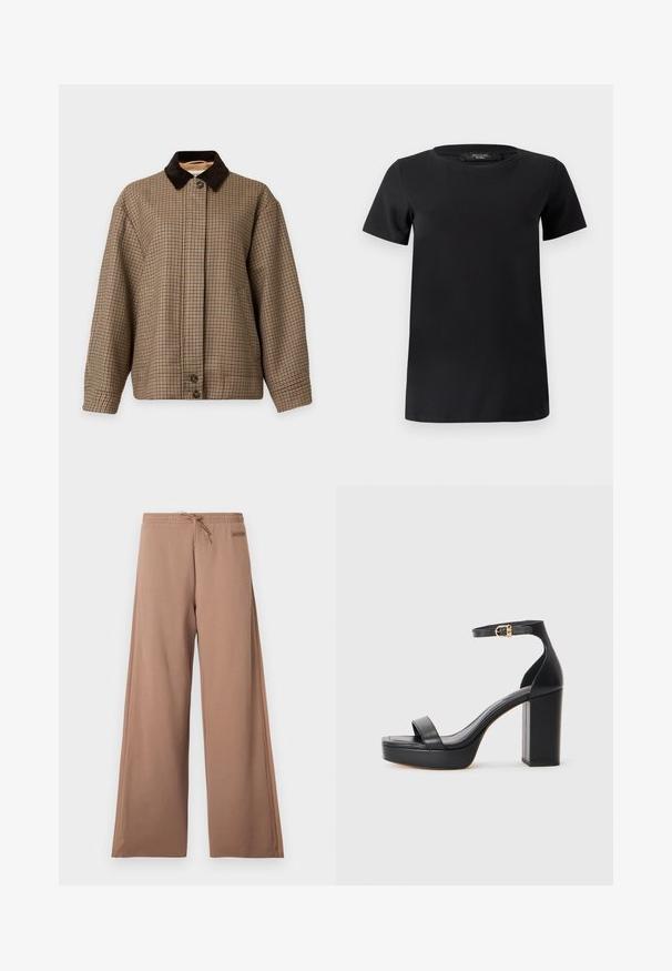 Bruine en beige geruite jas met een donkerbruine corduroy kraag en knoopsluiting aan de voorkant op een effen achtergrond.; Zwart T-shirt met korte mouwen gemaakt van zachte katoenen stof, voorzien van een ronde halslijn en een eenvoudig, klassiek ontwerp zonder versieringen.; Bruine broek met brede pijpen, elastische tailleband, trekkoord en een klein logoplaatje aan de rechterkant bij de taille.; Zwarte platform sandalen met een dikke blokhak, van glad leer, open teen ontwerp en een enkelband met een gouden gesp accent.
