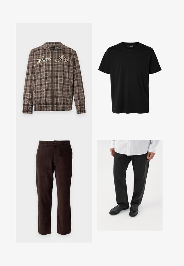 Sean John VINTAGE CHECK - Ελαφρύ μπουφάν - brown/beige; Απλό μαύρο κοντομάνικο T-shirt με στρογγυλή λαιμόκοψη, ανδρική εφαρμογή και χωρίς εμφανή σχέδια ή λογότυπα μπροστά.; Καφέ παντελόνι κοτλέ με ίσια γραμμή, διαθέτει κλείσιμο με κουμπί και διακριτή υφή. Ιδανικό για casual ή ημι-επίσημες περιστάσεις.; Μαύρο τζιν παντελόνι συνδυασμένο με λαμπερά μαύρα loafers. Το πουκάμισο είναι λευκό με λεπτές κατακόρυφες ρίγες, έχει μακριά μανίκια και κουμπωτό γιακά.