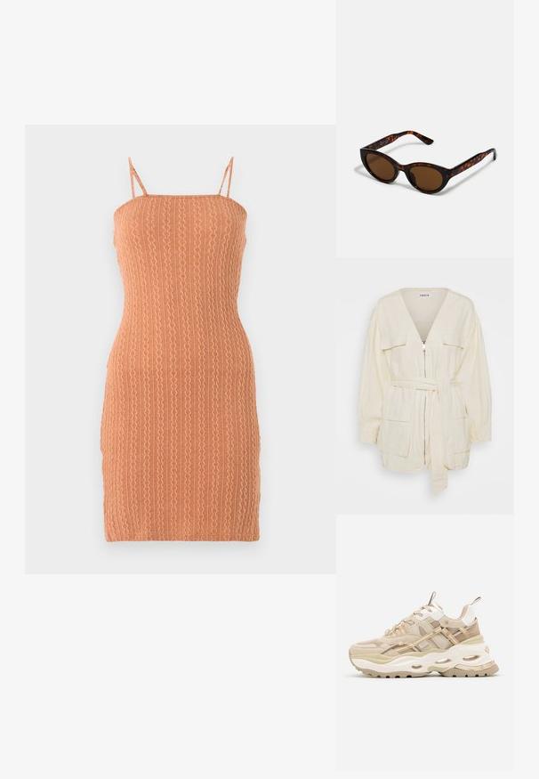 Crème katoenen jack met lange mouwen, een V-hals, een ritssluiting aan de voorkant, twee opgestikte zakken en een gestrikt tailleband. Soepele textuur, relaxte pasvorm.; Gebreide bodycon jurk in licht terracotta, met dunne banden, een gestructureerd ribbelpatroon en een aansluitende silhoeët.; Beige en witte chunky sneaker met dikke zool, mesh- en leren panelen, ovale uitsparingen in de tussenzool, trekriemen op de tong en hiel.; Bruine schildpad zonnebril met een vintage cat-eye vorm en bruine lenzen. Heeft gebogen armen met rode accenten.