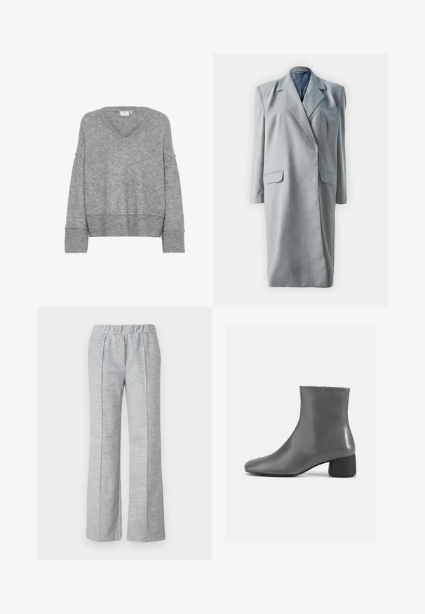 Vestido blazer gris a medida con mangas largas, solapas muescadas y dos bolsillos frontales. Tejido suave con una silueta estructurada.; Suéter gris de punto con escote en V, corte oversized, mangas anchas y puños acanalados. Textura suave; diseño sin costuras, sin patrones ni adornos.; Pantalones grises de pierna ancha hechos de una tela texturizada; cuentan con una cinturilla elástica y detalles de pliegues en el frente. Diseño limpio y minimalista.; Botín de cuero gris con un diseño elegante, punta afilada y un tacón corto tipo bloque. Textura suave con un mínimo de marcas en el costado.
